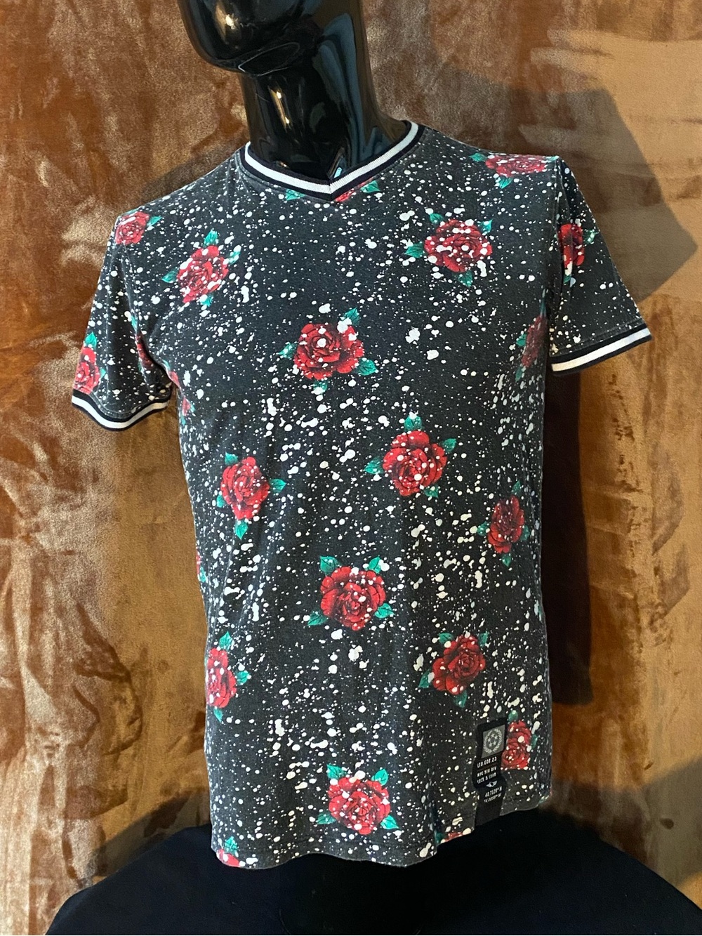 Black Floral Short-Sleeve Tee with Red Rose Print